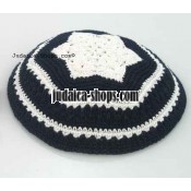 Knitted Kippah – Blue. with White Flower