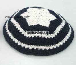 Knitted Kippah – Blue. with White Flower