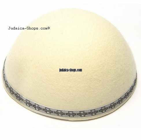 Yemenite Kippah with Trim - Beige