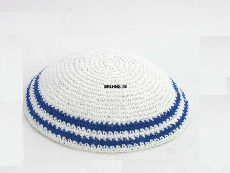 Knitted Kippah White With Blue Lines