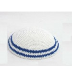 Knitted Kippah White With Blue Lines